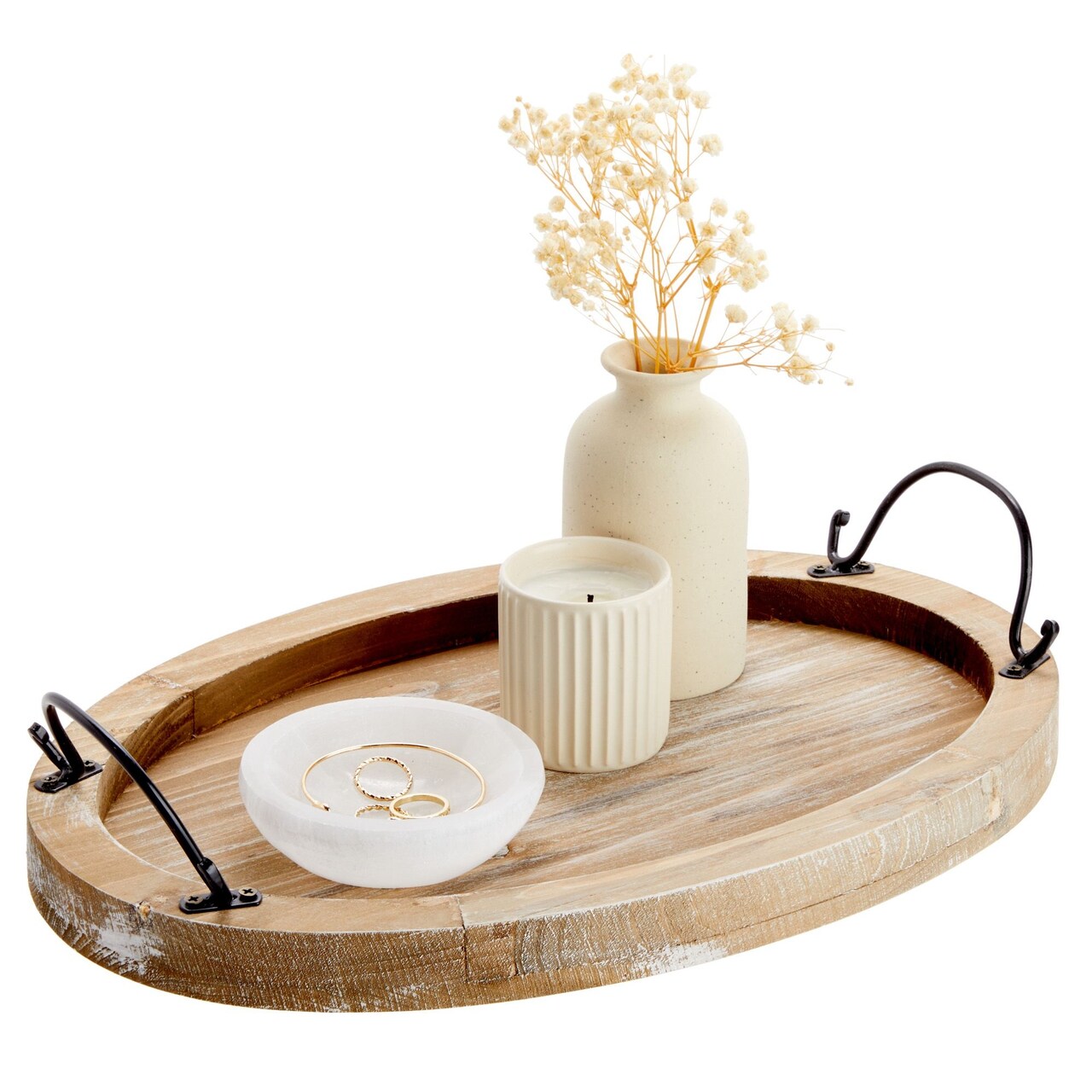 Oval Wooden Serving Tray with Handles, Decorative Platter for Coffee Table, Living Room (15.75 x 10.8 x 1.25 In)